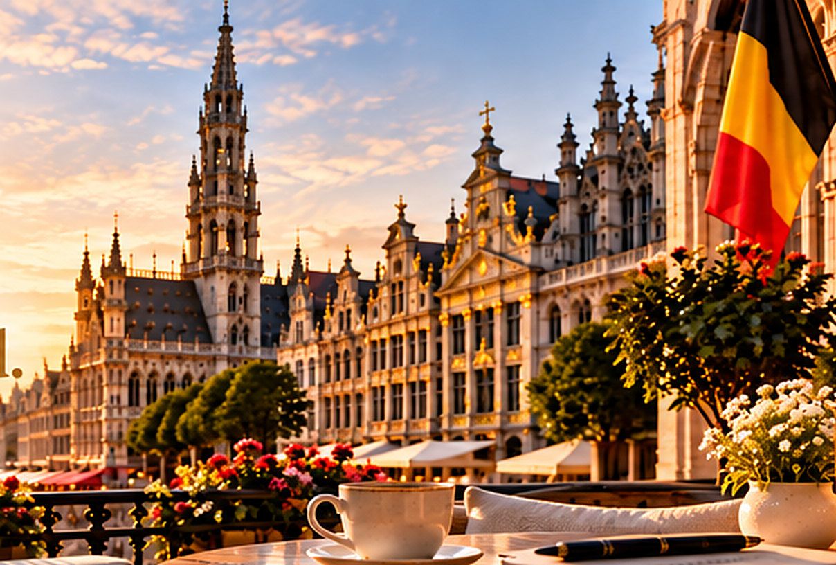 The Grand-Place in Brussels at golden hour, seen from a café terrace