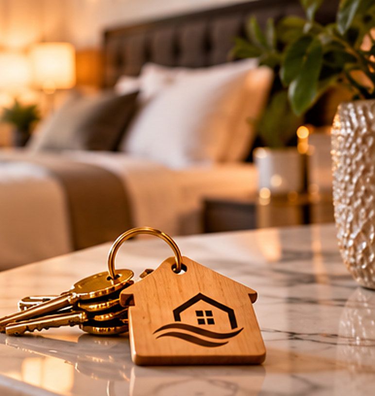 Apartment keys with a wooden Staymesh key ring on a marble table